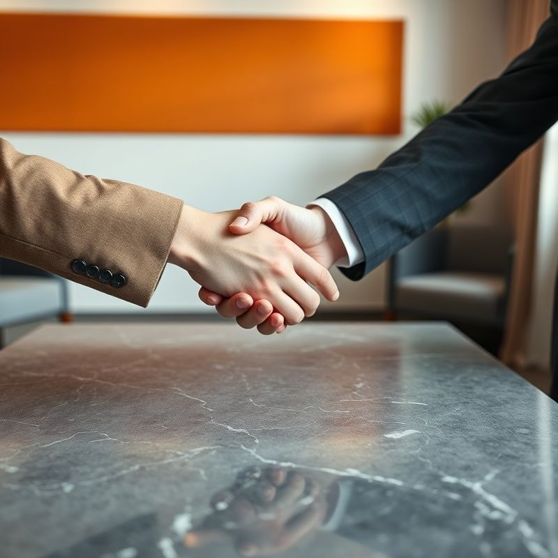 Strângere de mână peste o masă de marmură într-o sală de consultanță